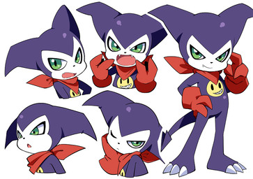 3_fingers ambiguous_gender anthro claws fingers green_eyes kerchief looking_at_viewer male neckerchief neckwear purple_body shortstack shortstack_male simple_background solo spade_tail standing tail wings yuzuaccident bandai_namco digimon digimon_(species) impmon