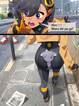 between_buttocks big_butt black_hair blush bodily_fluids butt city clothed clothing dark_body dark_skin female feral fur grey_body grey_fur group hair humor key_stone_(pokemon) missing_poster outside poster purple_eyes semi-anthro sidewalk street tears text khyleri nintendo pokemon pokemon_legends_z-a sega sonic_the_hedgehog_(series) emma_(pokemon) pokemon_breeder shadow_the_hedgehog espurr generation_3_pokemon generation_5_pokemon generation_6_pokemon glalie human mammal patrat pokemon_(species) ralts 2025 3:4 absurd_res english_text hi_res