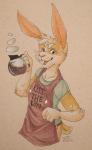 anthro apron barista beverage clothed clothing coffee fur liquid looking_at_viewer male multicolored_body multicolored_fur open_mouth simple_background smile solo tan_background tan_body tan_fur teeth text tongue two_tone_body two_tone_fur white_body white_fur quaggy flir_(rabbit) lagomorph leporid mammal rabbit 2013 english_text traditional_media_(artwork)