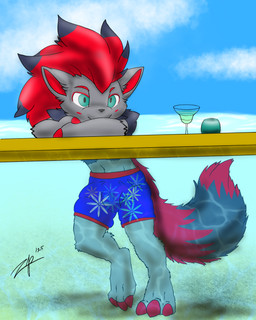 anthro beverage black_highlights clothing cloud cocktail_glass container crossed_arms cup drinking_glass fur glass glass_container glass_cup green_eyes grey_body grey_fur hair highlights_(coloring) long_ponytail male partially_submerged ponytail red_hair smile solo swimming swimming_trunks swimwear underwater water waterline_view zephyrpanthur nintendo pokemon generation_5_pokemon pokemon_(species) zoroark 4:5 hi_res signature