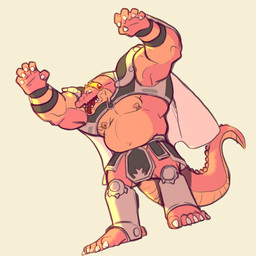 anthro barazoku belly cape clothing flexing harness looking_at_viewer male musclegut muscular muscular_anthro muscular_male pink_body simple_background white_background rickleone dragon_quest square_enix crocodine scalie 1:1 hi_res