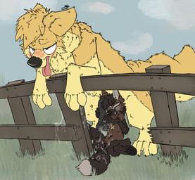 animal_genitalia animal_penis brown_body brown_fur canine_genitalia duo ejaculation equine_genitalia equine_penis female feral fur genitals leaning_on_fence male male/female on_hind_legs pacifier_necklace penis yellow_body yellow_fur avoid_posting ld50 onion_(ld50) canid canine canis hybrid mammal maned_wolf wolfdog hi_res signature trans_(lore) trans_woman_(lore)