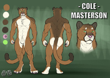 abs anthro black_claws brown_body brown_fur chest_tuft claws color_swatch digitigrade dipstick_tail featureless_crotch finger_claws front_view fur green_eyes looking_at_viewer male male_anthro markings mouth_closed muscular muscular_anthro muscular_male nude pawpads pecs pink_pawpads rear_view simple_background solo standing tail tail_markings toe_claws tuft white_body white_fur hufnaar cole_masterson cougar felid feline mammal 2024 dated hi_res model_sheet