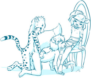 all_fours anal anal_penetration anthro anthro_on_anthro anthro_penetrated anthro_penetrating anthro_penetrating_anthro balls bisexual chair cunnilingus erection eyes_closed female flat_chested furniture genitals group group_sex kneeling male male/female male/male male_penetrated male_penetrating male_penetrating_male nude oral penetration penis sex shota simple_background sitting smile threesome vaginal vulva white_background young young_anthro young_on_young aogami casey_nicolai nick_(nikkithetanuki) sabina_nicolai canid canine cheetah felid feline fox leopard mammal pantherine 2021 blue_and_white hi_res monochrome signature