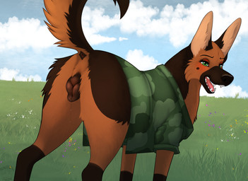 animal_genitalia animal_vulva anus blush bodily_fluids brown_body brown_fur canine_genitalia canine_vulva clothed clothed_feral clothing eyeshadow female female_feral feral fur genital_fluids genitals green_eyes looking_at_viewer looking_back makeup presenting raised_tail red_eyeshadow solo tail tail_anus vaginal_fluids vulva nauticalcanine canid canine canis domestic_dog german_shepherd herding_dog mammal pastoral_dog absurd_res hi_res