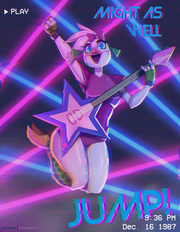 accessory alternative_fashion anthro beak beakstick blue_eyes bow_(feature) bow_accessory bow_ribbon electric_guitar female furgonomics glamrock guitar hair_accessory hair_bow hair_ribbon jumping lipstick machine makeup musical_instrument open_beak open_mouth plucked_string_instrument ribbons solo string_instrument text doomthewolf five_nights_at_freddy's five_nights_at_freddy's:_security_breach scottgames steel_wool_studios glamrock_chica animatronic avian bird chicken galliform phasianid robot 2022 colorful_theme digital_media_(artwork) english_text hi_res