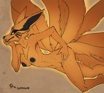 2018 9_tails anthro bedroom_eyes black_nipples black_nose breasts brown_background canid canine conditional_dnp crossgender digital_media_(artwork) female fluff-kevlar fox fur half-closed_eyes kurama looking_at_viewer mammal markings mtf_crossgender multi_tail narrowed_eyes naruto nipples nude orange_body orange_fur pinup pose red_eyes seductive shaded simple_background solo tail tailed_beast teeth