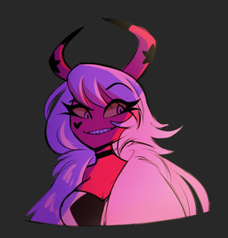 2_horns black_markings breasts choker cleavage clothed clothing coat dreamworks_smirk dress fangs female fluffy_coat hair heart_(marking) horn horn_markings jewelry long_hair markings necklace not_furry pink_body pink_eyes pink_skin smile solo strapless_clothing strapless_dress teeth topwear white_clothing white_coat white_dress white_hair white_topwear yellow_sclera higglytownhero hellaverse helluva_boss verosika_mayday demon demon_humanoid humanoid succubus 2021