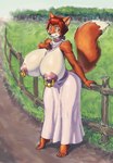 anthro big_breasts breasts clothed clothing ear_piercing ear_ring female fluffy fluffy_tail fur huge_breasts nipple_piercing nipples orange_body orange_fur piercing purple_eyes ring_piercing solo tail topless topless_female jindragowolf marianne_(jindragowolf) canid canine fox mammal 2023 digital_media_(artwork) hi_res