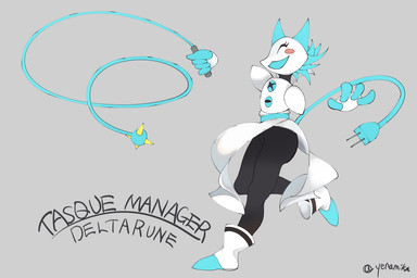 anthro clothed clothing dress electrical_plug eyes_closed fully_clothed grey_background machine open_mouth open_smile simple_background smile solo text white_clothing white_dress yenamika deltarune undertale_(series) tasque_manager darkner felid feline mammal robot 2021 3:2 english_text signature