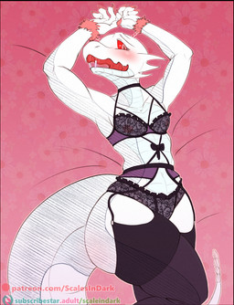 anthro blush bound clothed clothing collar colored_nails crossdressing cuffed_wrists fangs femboy lingerie male nails nipples open_mouth pose skimpy solo teeth text underwear white_body scalesindark kobold scalie hi_res pinup url