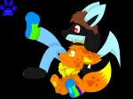 anthro blue_body blue_fur brown_hair clothing duo footwear fur green_eyes hair happy legwear male orange_hair paws red_eyes simple_background socks tail transparent_background marquis2007 nintendo pokemon marquis_the_eevee nick_the_lucario_(auramaster-lucario) canid canine eevee generation_1_pokemon generation_4_pokemon lucario mammal pokemon_(species) 2010 4:3 alpha_channel