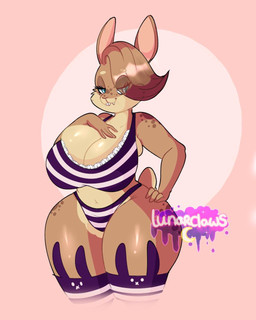 anthro big_breasts blue_eyes bra breasts brown_body brown_fur brown_hair buckteeth bulging_breasts cleavage clothed clothing countershade_face countershade_torso countershading eye_through_hair female frilly frilly_bra frilly_clothing frilly_underwear fur hair hand_on_chest hand_on_hip hand_on_own_chest legwear markings navel pattern_bra pattern_clothing pattern_legwear pattern_thigh_highs pattern_topwear pattern_underwear pink_background rabbit_ear_stockings simple_background solo spots spotted_markings striped_bra striped_clothing striped_legwear striped_thigh_highs striped_topwear striped_underwear stripes tail teeth thick_thighs thigh_highs topwear translucent translucent_hair underwear lunarclaws hazel_(shakotanbunny) domestic_rabbit flemish_giant lagomorph leporid mammal oryctolagus rabbit 2019 4:5 hi_res portrait three-quarter_portrait watermark