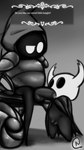 armor balls belly bodily_fluids clothed clothing duo flaccid genital_fluids genitals male male/male penis precum shield size_difference text kakau221 hollow_knight team_cherry the_knight_(hollow_knight) tiso_(hollow_knight) arthropod vessel_(species) 9:16 english_text hi_res monochrome