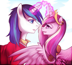 blonde_hair blue_eyes blue_hair canon_couple clothed clothing crown duo eye_contact feathered_wings feathers female feral hair headgear heart_symbol horn looking_at_another love magic male multicolored_hair open_mouth pink_hair purple_eyes purple_hair simple_background sun two_tone_hair wings imalou friendship_is_magic hasbro my_little_pony mythology princess_cadance_(mlp) shining_armor_(mlp) equid equine mammal mythological_creature mythological_equine unicorn winged_unicorn 2012