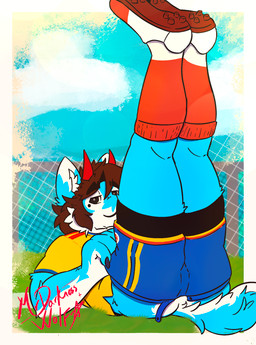 blue_body blue_bottomwear blue_clothing blue_fur blue_shorts bottomwear bottomwear_pull brown_hair butt cleats clothing clothing_pull colombian_flag facial_tuft footwear fur furgonomic_bottomwear furgonomic_shorts furgonomics grass hair horn inner_ear_fluff legs_up lying male markings mole_(marking) multicolored_bottomwear multicolored_clothing multicolored_footwear multicolored_shirt multicolored_shorts multicolored_socks multicolored_topwear on_back plant rear_view red_card seductive shirt shorts shorts_pull soccer soccer_field soccer_uniform socks solo sport sportswear tail topwear tuft undressing undressing_self uniform white_body white_fur yellow_clothing yellow_shirt yellow_topwear mrdarknesswolf colombia_national_football_team fifa mrdarknesswolf_(character) canid canine canis demon hybrid mammal wolf hi_res