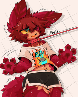 4_fingers ambiguous_gender anthro belly big_ears biped bottomwear bulge claws clothing collar fingers front_view fur geometric_background grid_background hair leash leash_pull leashed_collar one_eye_closed pattern_background pawpads paws print_clothing print_shirt print_t-shirt print_topwear red_body red_fur red_hair shirt short_hair shorts simple_background solo standing t-shirt tail text text_on_clothing text_on_shirt text_on_topwear topwear wearing_collar gaogomon gaogomon_(oc) furred_kobold furred_scalie kobold scalie absurd_res english_description english_text hi_res