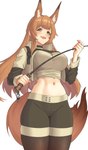 blush bottomwear breasts brown_hair clothing crop_top female hair jacket legwear midriff navel pantyhose riding_crop shirt shorts solo tail topwear whip radioneet arknights hypergryph studio_montagne franka_(arknights) animal_humanoid canid canid_humanoid canine canine_humanoid fox_humanoid humanoid mammal mammal_humanoid 2023 absurd_res hi_res