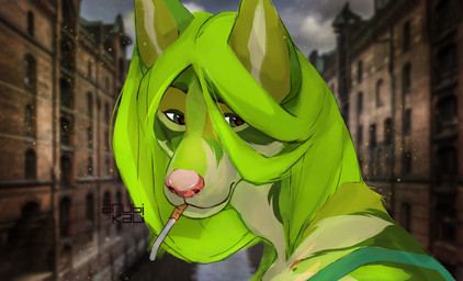 alternate_species anthro apron cigarette cigarette_in_mouth clothing female fur furrification green_body green_eyes green_fur green_hair green_inner_ear hair half-closed_eyes looking_at_viewer narrowed_eyes object_in_mouth photo_background pink_nose pupils side_view solo teal_apron teal_clothing anubikali 7th_beat_games rhythm_doctor nicole_ting canid canine canis mammal wolf digital_media_(artwork) headshot_portrait mixed_media photography_(artwork) portrait