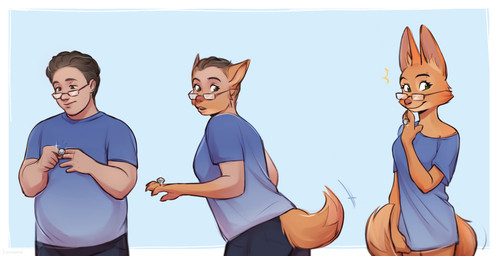 anthro bottomless bottomless_female clothed clothing diamond_ring eyewear female gender_transformation glasses human_to_anthro male mtf_transformation shirt shirt_only smile solo species_transformation surprised tf_into_fictional_character topwear topwear_only transformation transformation_sequence lawaros dreamworks the_bad_guys diane_foxington canid canine fox human mammal hi_res