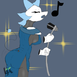anthro blue_clothing blue_dress blue_hair breasts butt clothed clothing dress electronics eyes_closed female floating_hands gloves hair handwear machine microphone musical_note musical_symbol open_mouth simple_background solo standing symbol tail thick_thighs luckyhomie deltarune undertale_(series) tasque_manager darkner felid feline mammal robot 1:1 absurd_res hi_res
