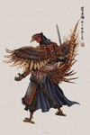 anthro armor asian_clothing barefoot chinese_clothing clothed clothing east_asian_clothing fantasy feet fully_clothed furgonomics jian lamellar_armor looking_at_viewer male melee_weapon robe solo sword text warrior weapon wings muyang_fort twenty-eight_mansions avian bird common_pheasant galliform phasianid phasianus 2021 chinese_text hi_res