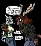 alcohol anthro beverage blue_eyes bone_frill bottomwear breasts brown_body brown_hair brown_scales cleavage clothed clothing crop_top crossgender denim denim_bottomwear denim_clothing dialogue duo eyelashes fake_antlers fake_horns feathered_wings feathers female fingers frill_(anatomy) green_clothing green_eyes green_jacket green_topwear grey_body grey_hair grey_scales hair jacket jeans long_tail midriff mtf_crossgender pants scales shirt simple_background smile snout tail text topwear transparent_background wings banco cavemanon_studios snoot_game green_(snoot_game) janet_(snoot_game) abelisaurid carnotaurus dinosaur prehistoric_species pterodactylus pterosaur reptile scalie theropod 2024 alpha_channel digital_drawing_(artwork) digital_media_(artwork) english_text hi_res