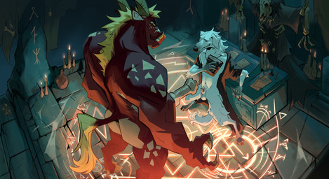 5_fingers animal_genitalia animal_penis anthro big_penis blonde_hair bone book candle canine_genitalia claws clothed clothing duo equine_genitalia equine_penis finger_claws fingers fur genitals hair high-angle_view holding_book holding_object hooves inside larger_male male markings muscular muscular_anthro muscular_male nude open_clothing penis red_body red_fur sheath size_difference skeleton spots spotted_markings standing summoning summoning_circle tail white_body white_fur heromule madri_(madrii) borzoi canid canine canis demon domestic_dog hunting_dog mammal sighthound 2025 hi_res