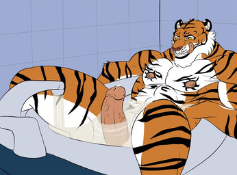 abs anthro athletic barefoot bath bathroom bathtub biceps big_muscles biped black_body black_fur bodily_fluids dripping erection fangs feet fur genital_fluids genitals looking_away lying male manly markings muscular muscular_anthro muscular_male nipples nude on_back orange_body orange_fur partially_submerged pecs penis precum relaxing smile solo stripes teeth thick_penis tile tongue tongue_out vein veiny_penis water wet white_body white_fur marsel-defender felid mammal pantherine tiger