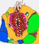 anthro bared_teeth blue_body blue_fur body_horror claws finger_claws fur gaping_mouth gore green_body green_fur grotesque head_mouth male multicolored_body multicolored_fur nightmare_fuel nude open_mouth orange_body orange_fur red_eyes red_insides sharp_teeth simple_background solo split_head surgical_suture teeth tongue tongue_out what where_is_your_god_now white_background yonic sim-ant ruby_quest stitches_(rq) bear mammal undead colored digital_drawing_(artwork) digital_media_(artwork) hi_res