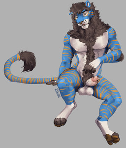 anthro balls black_body black_fur black_hair blue_body blue_fur countershade_balls countershade_face countershade_genitalia countershade_torso countershading erection fur genital_piercing genitals grey_background hair humanoid_genitalia humanoid_penis looking_at_viewer male male_anthro mane muscular muscular_anthro muscular_male nipples nude nude_anthro nude_male open_mouth orange_body orange_eyes orange_fur pecs penis penis_piercing piercing pink_penis prince_albert_piercing simple_background sitting solo spread_legs spreading striped_body striped_fur stripes teeth tongue vein veiny_penis whisker_spots white_body white_fur white_penis i-psilone altin_(character) felid hybrid liger mammal pantherine 2021 hi_res