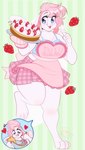 anthro apron cake clothed clothing dessert eyelashes female food fruit fur hair holding_cake holding_food holding_object on_one_leg open_mouth open_smile pattern_background pictographics pink_apron pink_clothing pink_hair plant simple_background smile solo standing strawberry striped_background teal_eyes thick_thighs white_body white_fur ferwanwan lagomorph leporid mammal rabbit 2023 absurd_res character_request hi_res