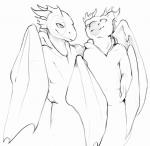 anthro clothed clothing duo hoodie horn male membrane_(anatomy) membranous_wings simple_background smile topwear white_background wings aaros mythology dragon mythological_creature mythological_scalie scalie animated greyscale monochrome short_playtime sketch