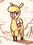 aged_down blonde_hair brown_hooves chest_tuft eyelashes female feral fluffy fluffy_chest fur hair hooves looking_at_viewer no_pupils purple_eyes quadruped short_tail smile solo tail tuft wool_(fur) yellow_body yellow_fur yellow_wool young ebvert them's_fightin'_herds paprika_paca_(tfh) alpaca camelid mammal 2023 3:4 absurd_res digital_media_(artwork) full-length_portrait hi_res portrait signature