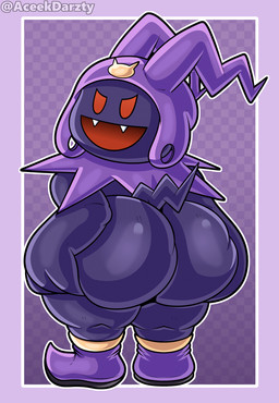 ambiguous_gender big_butt biped black_body butt butt_focus clothing devious fangs fool's_hat footwear glistening glistening_body glistening_butt hat headgear headwear holding_butt huge_butt looking_at_viewer looking_back open_mouth open_smile presenting presenting_hindquarters purple_clothing purple_footwear purple_hat purple_headwear purple_shoes rear_view red_eyes shoes simple_background smile smiling_at_viewer solo tail teeth text thick_thighs wide_hipped_ambiguous wide_hipped_humanoid wide_hips aceekdarzty conditional_dnp atlus megami_tensei sega black_frost demon humanoid imp 2026 artist_name hi_res
