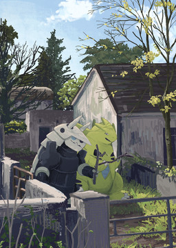 ambiguous_gender anthro blue_eyes claws duo fangs grass green_body grey_body holding_object horn plant teeth tree hida_rite nintendo pokemon aggron generation_2_pokemon generation_3_pokemon pokemon_(species) tyranitar 2025 absurd_res hi_res