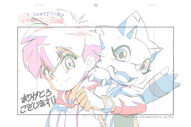 anthro backpack claws clothing digivice duo gesture hair hoodie horn looking_at_viewer male markings picture_frame red_markings smile teeth text topwear waving waving_at_viewer white_body white_skin yellow_eyes achehex bandai_namco digimon digimon_ghost_game hiro_amanokawa digimon_(species) gammamon human mammal digital_drawing_(artwork) digital_media_(artwork) guide_lines hi_res japanese_text