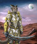 anthro armor chainmail desolate_landscape eye_patch eyewear female gold_(metal) horn landscape moon morning red_eyes runeblade scar silver_(metal) sky solo spiked_tail spikes spikes_(anatomy) standing tail yenocwolf secrets_of_uncrom uncrom scalecommander_tesh draconic_humanoid mantoan absurd_res concept_art hi_res