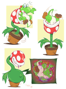 abdominal_bulge ambiguous_gender belly bodily_fluids clothing drooling duo feral footwear forced fully_inside green_body head_first internal monster_pred navel oral_vore outie_navel partially_inside plant plant_pot plant_pred potted_plant red_body saliva sharp_teeth shoe_soles shoes spots stomach_acid struggling swallowing tail tailbutt teeth text thick_tail vore white_body shellyochunks mario_bros nintendo yoshi_(character) elemental_creature flora_fauna green_yoshi piranha_plant plant_monster yoshi 2019 comic dated hi_res