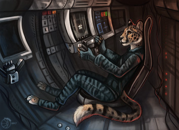 amber_eyes ambiguous_gender anthro barefoot biped black_body black_claws black_fur black_lips black_nose black_spots claws clothed clothing detailed_background detailed_fur digitigrade dipstick_tail feet fingers fur hindpaw humanoid_hands inner_ear_fluff inside inside_vehicle lips long_mouth looking_forward markings multicolored_tail paws shadow side_view smile snout solo spots spotted_body spotted_fur striped_markings striped_tail stripes tail tail_markings tan_body tan_fur tuft whiskers white_body white_fur wire flashw cheetah felid feline mammal 2017 detailed digital_media_(artwork) digital_painting_(artwork) hi_res painting_(artwork)