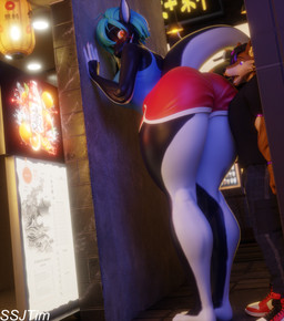 alley anthro big_butt black_bottomwear black_clothing black_hair black_pants black_shirt black_topwear blue_hair blue_top bottomwear butt clothing curvy_figure duo female gasp hair hands_on_wall hotpants huge_butt japan larger_female looking_at_butt looking_back male male/female multicolored_body open_mouth orange_eyes pants public purple_eyes red_bottomwear red_clothing red_shorts shirt shorts size_difference smaller_male standing surprised text topwear two_tone_body ssjtim valorlynz_(modeler) tim_(ssjtim) zea_nalya aquatic canid canine cetacean dolphin fox mammal oceanic_dolphin orca toothed_whale absurd_res hi_res japanese_text meme