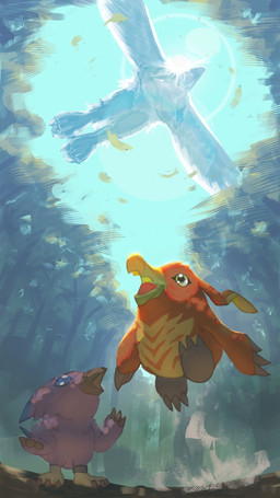 anthro beak blue_eyes claws duo feathers forest green_eyes orange_body orange_feathers pink_body pink_feathers plant tree wings icantcutitbut bandai_namco digimon birdramon biyomon digimon_(species) muchomon 9:16 hi_res