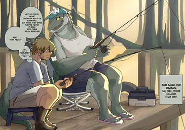 accent anthro bottomwear breasts clothing creaking day dialogue duo excited female fishing fishing_hat fishing_rod flip_flops footwear hair hat headgear headwear larger_female male male/female sandals shirt shoes shorts sitting size_difference slightly_chubby slightly_chubby_female smaller_male speech_bubble swamp tank_top text tired tired_eyes topwear yapping hoc2pus alligator alligatorid crocodilian human mammal reptile scalie absurd_res english_text hi_res