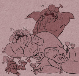 4_fingers 6_legs ambiguous_feral ambiguous_gender angry anthro arm_hair backwards_hand black_facial_hair black_mustache blush blushing_profusely body_hair bracelet brown_background brown_blush brown_bracelet brown_facial_hair brown_goatee brown_hair brown_pillow brown_shell brown_toga chest_tuft clothed clothed_anthro clothed_male clothing container cup cup_on_head curly_hair derp_eyes drunk ears_down eyes_closed facial_hair featureless_chest feral fingers flower flower_crown frown furrowed_eyebrows gesture goatee goblet group hair hand_gesture head_on_pillow holding_container holding_cup holding_object holding_tea_cup jewelry larger_anthro larger_male leaning_on_pillow long_ears long_hair lying_on_ground male male_anthro middle_finger muscular muscular_anthro muscular_male mustache noseless on_ground overweight overweight_anthro overweight_male pillow pincers pivoted_ears plant shell simple_background size_difference smaller_ambiguous smaller_feral spilled_drink standing substance_intoxication tea_cup toga tuft randomrabbidramblings mario_bros mario_plus_rabbids_kingdom_battle mario_plus_rabbids_sparks_of_hope nintendo raving_rabbids rayman_(series) ubisoft augie_(mario_plus_rabbids) perfectus phantom_of_the_bwahpera arthropod crustacean decapod ghost hermit_crab hybrid lagomorph malacostracan mammal rabbid spirit 2024 brown_theme crossover digital_drawing_(artwork) digital_media_(artwork) english_description flat_colors sketch brother_(lore) brothers_(lore) sibling_(lore) twins_(lore)