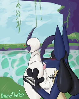 ambiguous_gender anal anthro anthro_on_feral backsack ball_musk balls bestiality big_ears black_body black_fur blue_body blue_fur blush breath butt butt_grab duo feral fur genitals hand_on_butt heart_symbol licking looking_pleasured male male/ambiguous oral rimming sex surprised tongue tongue_out white_body white_fur chromethefox nintendo pokemon absol generation_3_pokemon generation_4_pokemon lucario pokemon_(species) 4:5 absurd_res hi_res