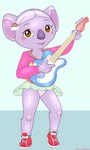 accessory adolescent anthro biped black_nose blush bottomwear clothed clothing eyebrows female front_view grey_body grey_hair guitar hair hair_accessory holding_guitar holding_musical_instrument holding_object looking_at_viewer musical_instrument open_mouth panties pink_clothing pink_panties pink_underwear playing_music plucked_string_instrument red_clothing red_shirt red_sneakers red_topwear shirt short_hair simple_background skirt solo string_instrument teeth text tongue topwear underwear upskirt young young_anthro young_female maverick t.o.t.s. tiny_ones_transport_service k.c._(t.o.t.s.) koala mammal marsupial vombatiform 2025 3:5 hi_res url