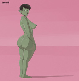 areola big_butt black_hair black_lips breasts butt choker ear_piercing ear_ring female green_areola green_nipples hair half-closed_eyes huge_butt humanoid_pointy_ears jewelry lips narrowed_eyes necklace nipples nude piercing pointy_ears ring_piercing smile solo thick_thighs wide_hips jamesab goblin humanoid