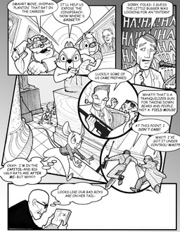 anthro bottomless bottomless_female clothed clothing coat computer dialogue electronics eyewear female group gun lab_coat laptop laugh male ranged_weapon rifle scared smoking_pipe sunglasses text topwear weapon chris_fischer chip_'n_dale_rescue_rangers disney chip_(disney) dale_(disney) gadget_hackwrench monterey_jack_(cdrr) chipmunk ground_squirrel human mammal mouse murid murine rat rodent sciurid english_text hi_res