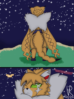 anthro cybernetics eyes_closed female looking_back looking_to_sky machine rear_view solo standing text vanilla_road bandai_namco digimon digimon_story:_time_stranger digimon_(species) domestic_cat felid feline felis mammal meicrackmon meicrackmon_normal_mode 3:4 absurd_res comic hi_res