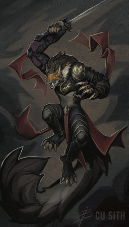 anthro armor attack battle brown_body claws curtains fangs fluffy fluffy_tail fur male melee_weapon pigtails pounce smile solo sword tail teeth weapon white_body yellow_eyes cu_sith_(artist) mythology canid canine mammal mythological_canine mythological_creature werecanid werecanine werecreature werewolf hi_res